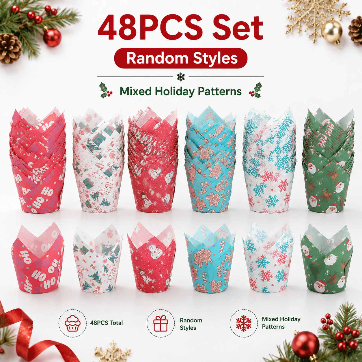 TEMU Lot de 48 caissettes à cupcakes de Noël, styles aléatoires, moules à pâtisserie de fêtes, emballages en papier festifs pour muffins, gâteaux et