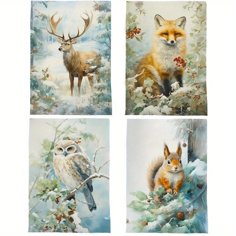 

4pcs Set Of 18x26" Country Style Winter Kitchen Towels - Polyester, Machine Washable, Featuring Reindeer, Fox, Owl & Squirrel Designs For Farmhouse Decor