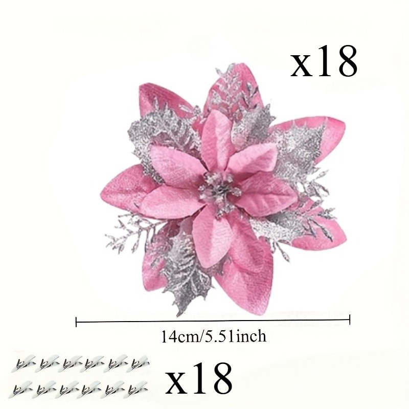 TEMU 36pcs Christmas Artificial Flowers, Pink Silvery Glitter Christmas Flowers, For Christmas Tree Wreaths, Suitable For Home Holiday Decorations,