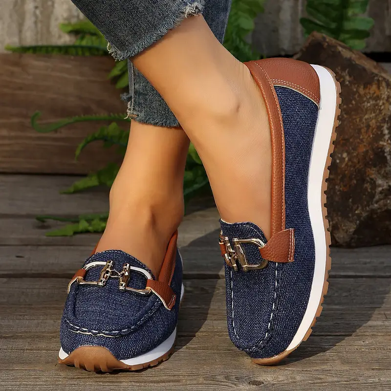 womens slip on loafers casual retro flat shoes with metallic cover upper breathable fabric lining rubber sole for navy white versatile footwear classic loafer design durable traction footwear details 3