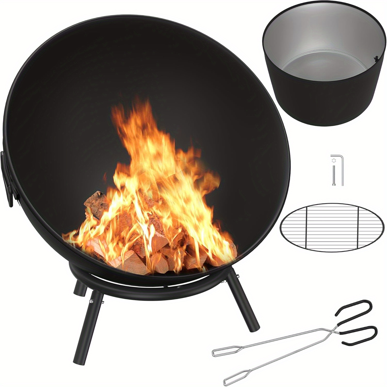 TEMU Fire Pit, Fire Basket, Diameter 60cm, Tiltable Fire Pit, With 3 Tripod Charcoal Grill Racks, Garden Fire, , , Multi-functional Fire Pit Heating,