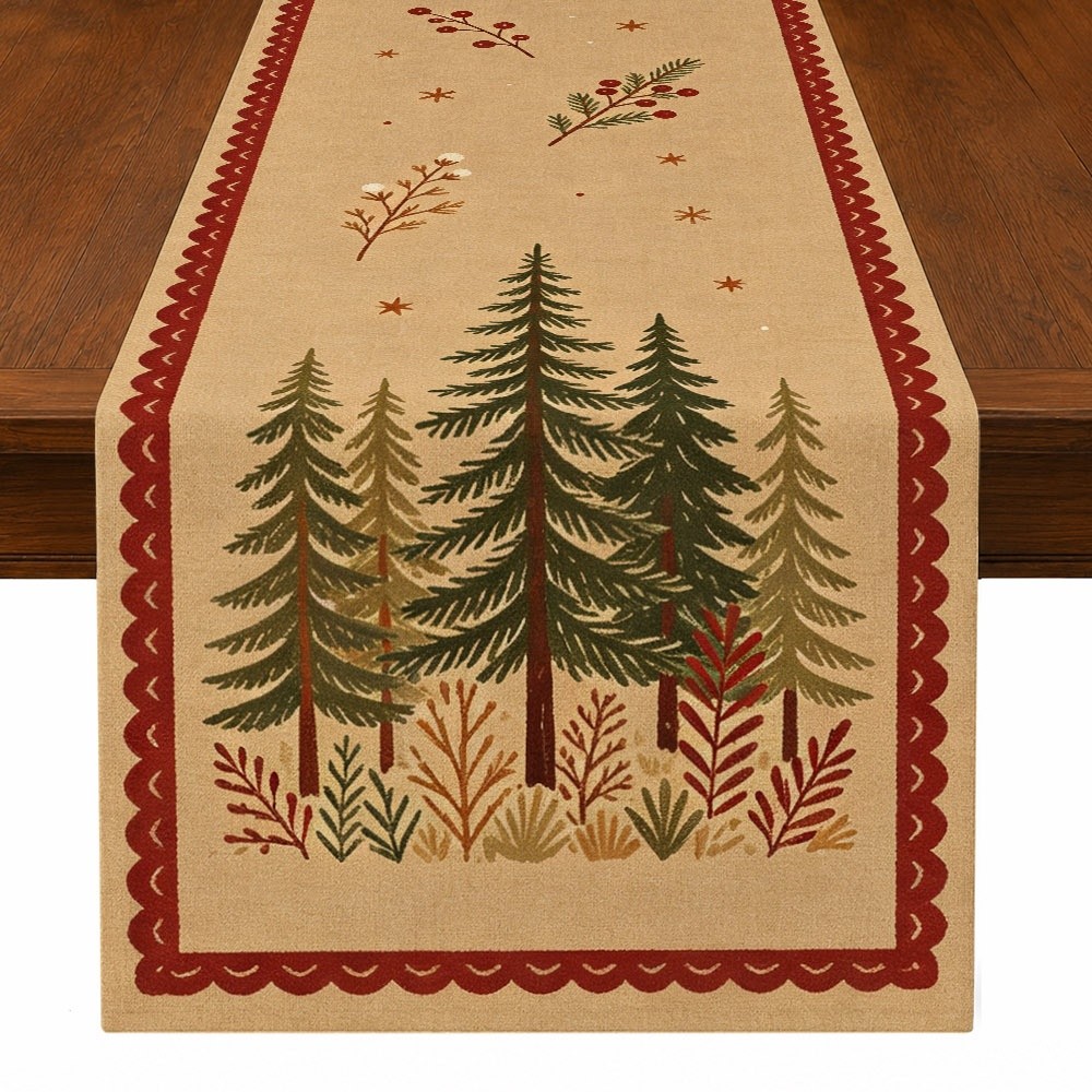 TEMU 1pc Country Winter Theme Table Runner, Beige Background With Red Scalloped Edges And Branches, Berries, Evergreen Patterns For Dining Table,