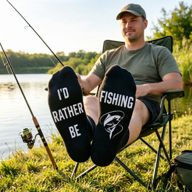 TEMU 1 Pair Of Men's Black Mid-calf Socks, Printed With The Text "i'd Rather Be Fishing" And Fish Hook/fish Patterns. High-stretch, Breathable Casual