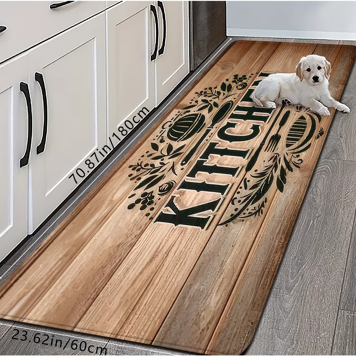 TEMU 1pc Vintage Industrial Plank Texture Kitchen Mat, "kitchen" Letter And Utensil Print Non-slip Absorbent Long Runner Rug, Easy To Clean And