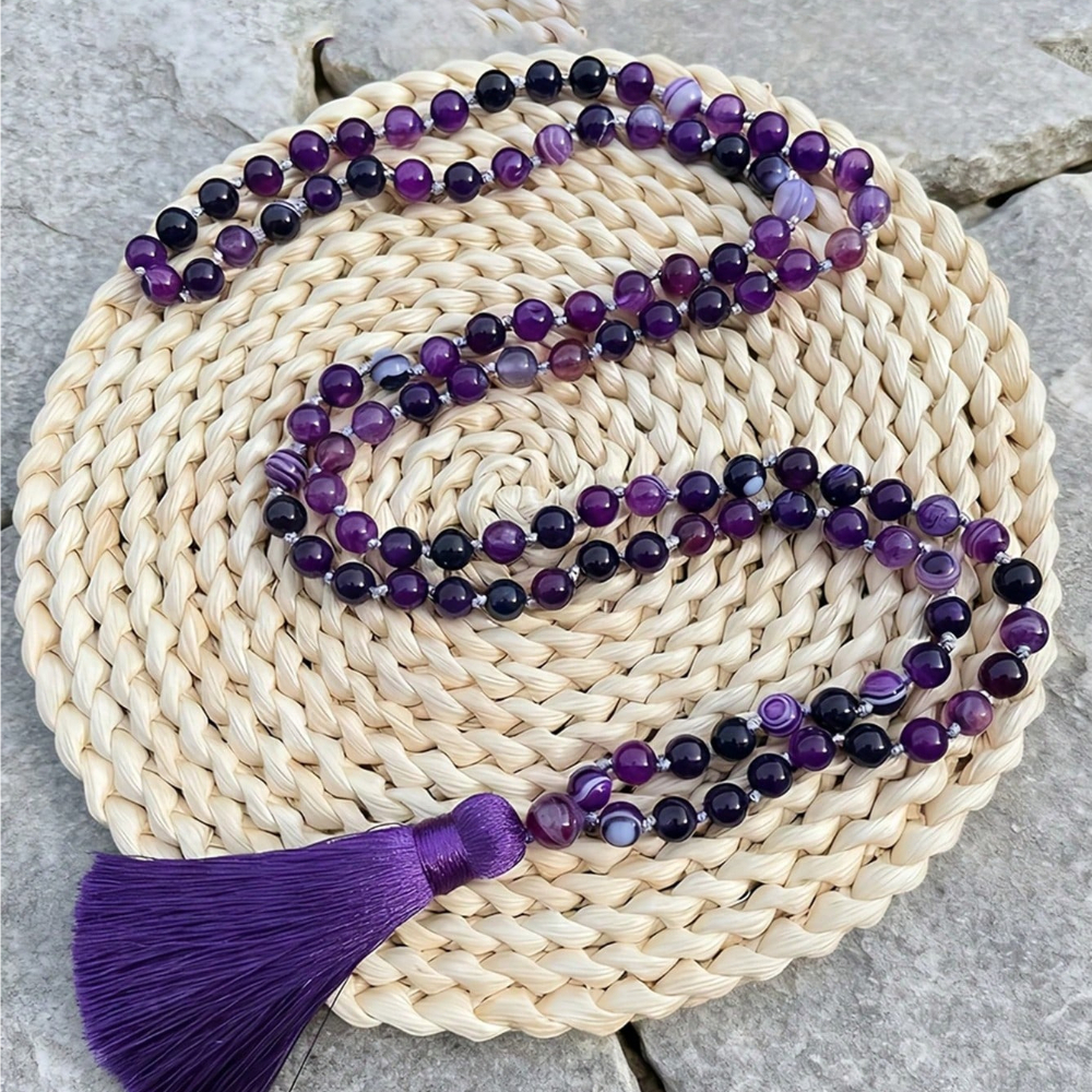 TEMU 108 Bead Long Necklace 6mm Purple Striped Stone Bead Mala Knotted Necklace Bohemian Style Tassel Jewelry For Women Men Daily Wear, Vacation &