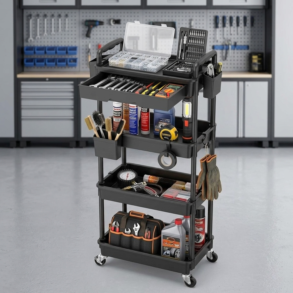 TEMU Garage Storage 3-tier/4-tier Plastic Rolling Utility Cart Organizer With Removable Drawer - Sturdy Garage Storage Solution & Plant Stand With 2