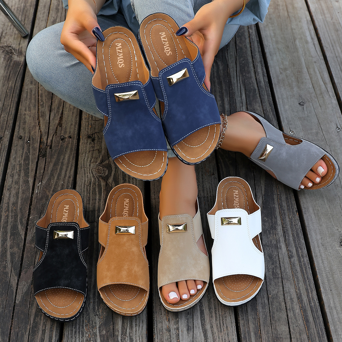 womens wedge heel sandals 2026 summer new comfortable one strap sandals metal decoration casual thick soled slippers versatile casual wedge heel slippers womens daily outing beach vacation sandals women shoes elegant women shoes   shoes 8
