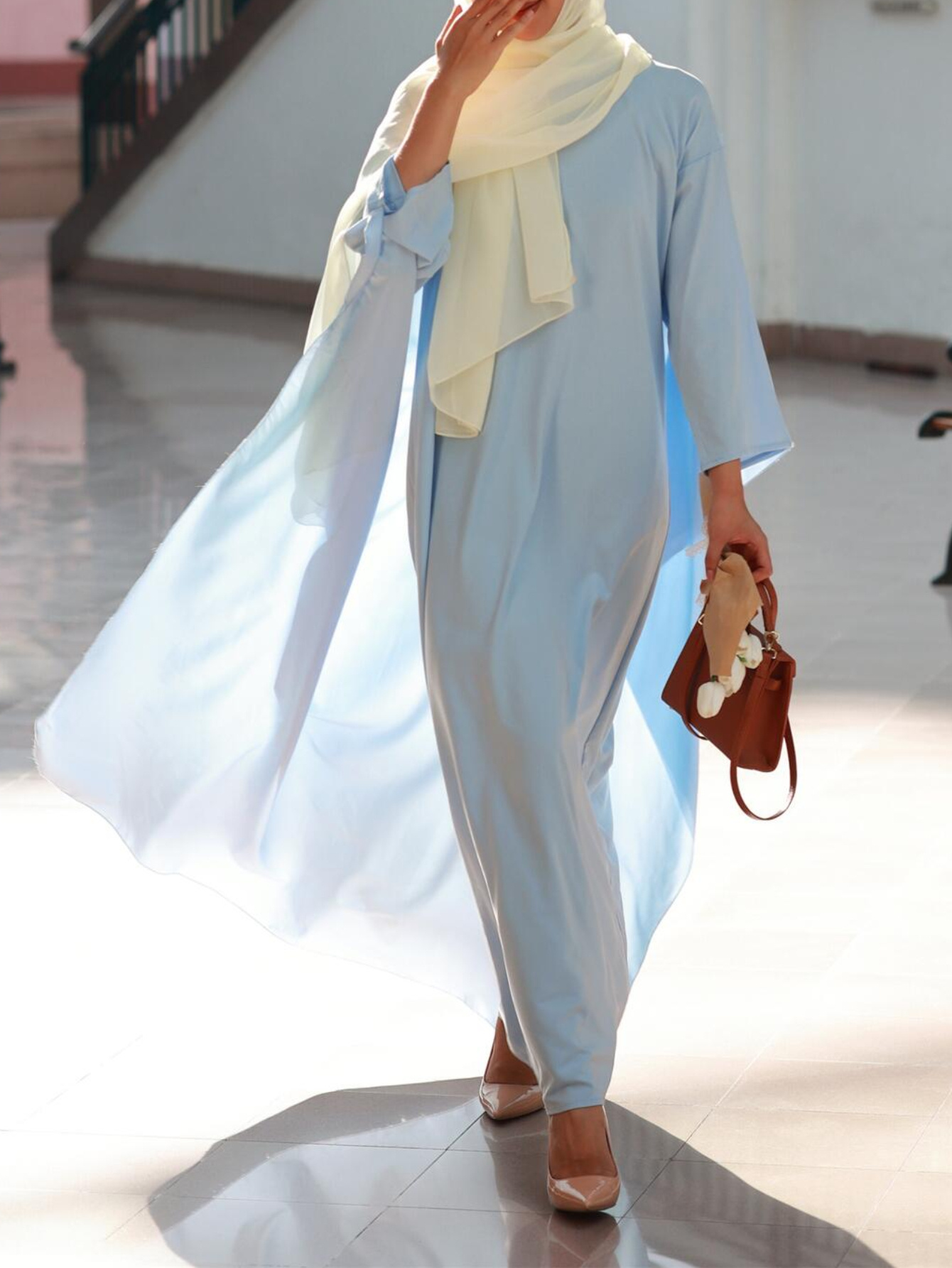 sachin and babi light blue dress Islamic Party Dresses Hijab Satin Evening Gown with Feather Detail Draped  and Embroidered Sleeves - Shop of Turkey