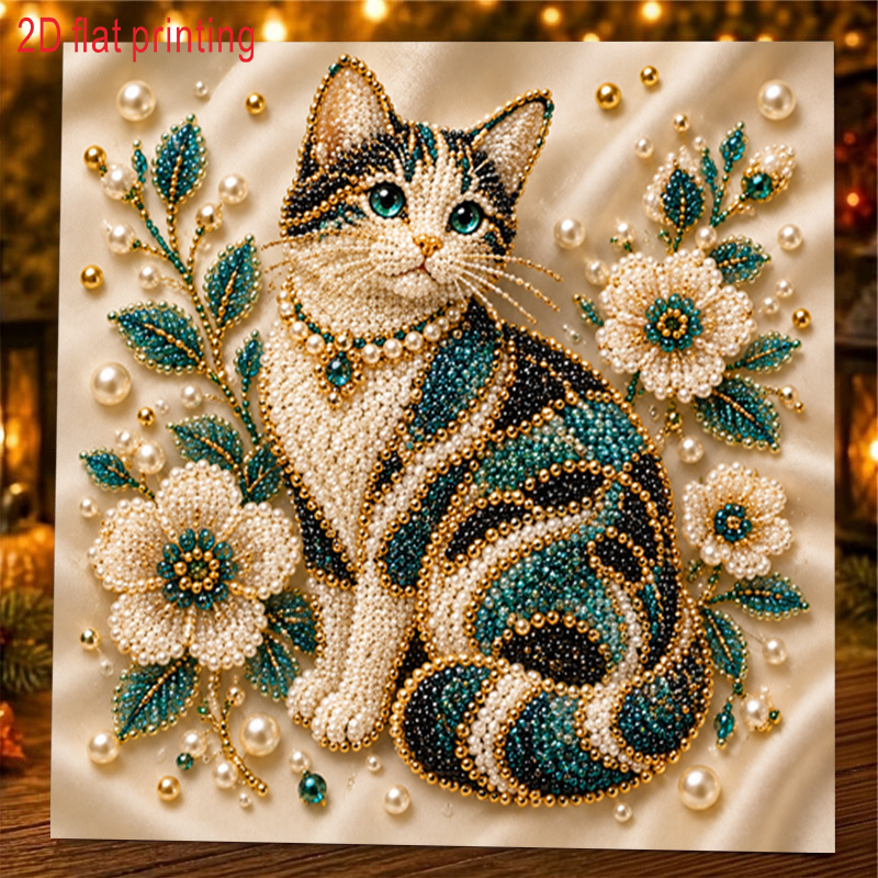 TEMU 1pc, 2d Flat Printing, Pearl Art Diamond Painting Kit - Pearl Cat, Elegantly And Exquisitely Surrounded By Floral Branches And Leaves With