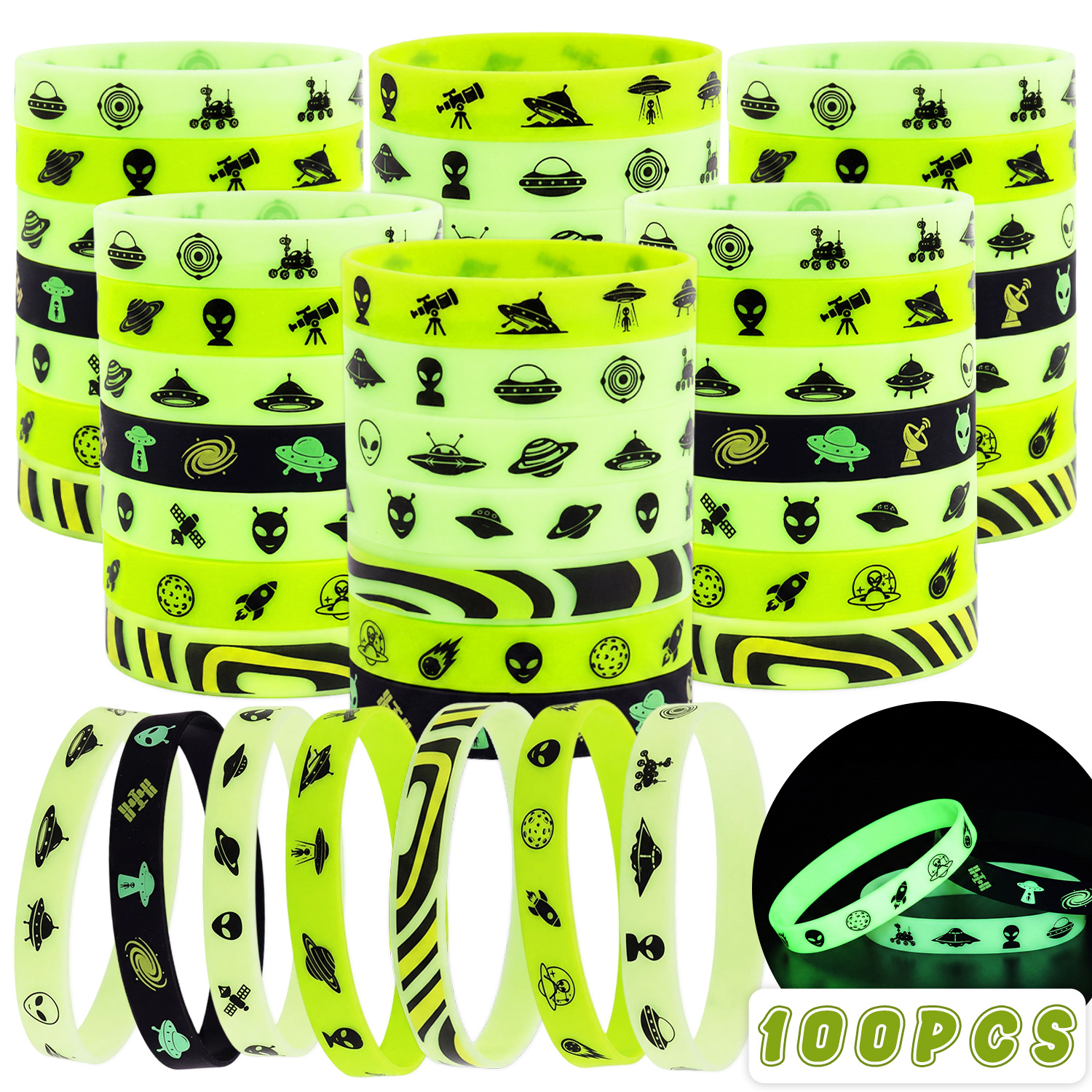 TEMU Gift For Her/him 100pcs Glow In The Dark Halloween Silicone Bracelets Bulk - Luminous Ufo Wristbands Party Favors - Autumn Holiday Gifts & Event