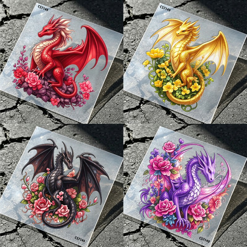 TEMU 4 feuilles d'autocollants magiques Dragon Floral en Cristal, motif de Dragon Volant Fantaisie, Casque, Gobelet d'eau, Autocollants de Décoration