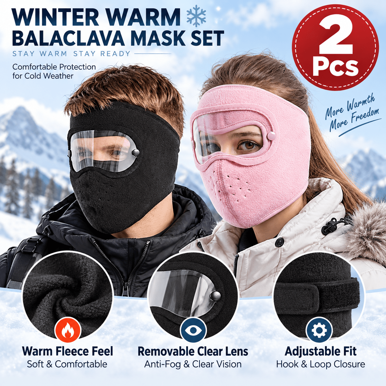 TEMU 2pcs Winter Thermal Masks With Removable Transparent Lenses, Adjustable Design, Full Face Coverage For Men And Women - Ideal For Driving And