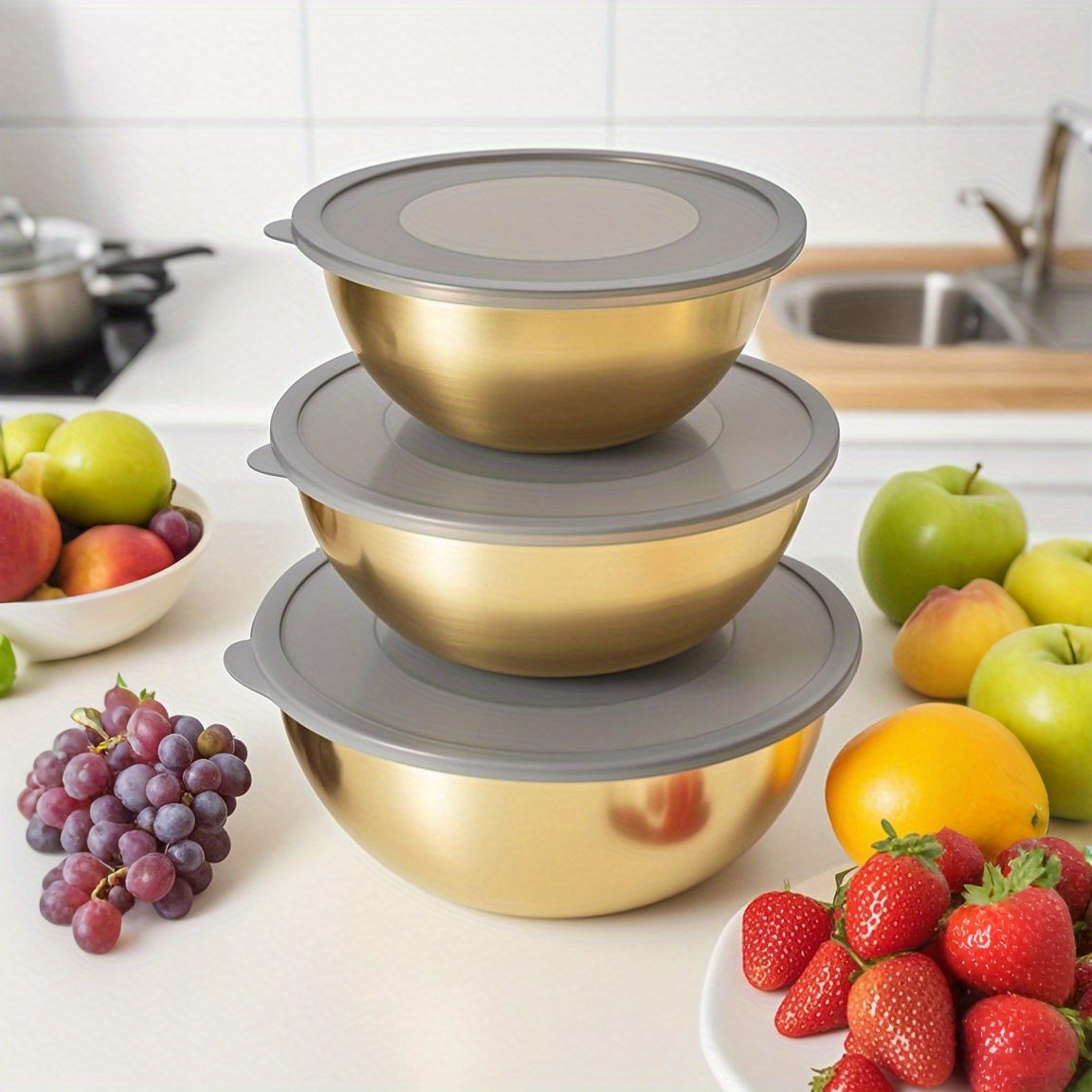 TEMU 3pcs Golden Stainless Steel Salad Bowls With Lids, Rust-resistant Round Mixing Bowls, Perfect For Kitchen Preparation And Storage, Good For Bbq