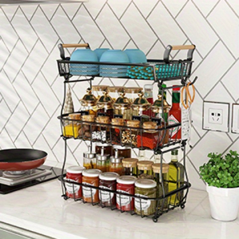 Panier à fruits métallique 3 étages Miyawell avec 2 porte-bananes - Organisateur de cuisine empilable et gain de place, grande capacité en maille aérée pour fruits, légumes et snacks, support de comptoir noir moderne, panier à fruits pour plan de travail, design industriel élégant, poignées en bois, étagères à paniers