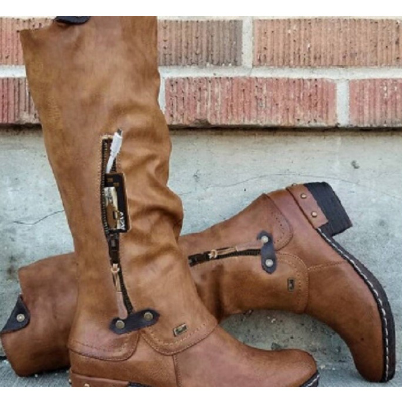 TEMU New Winter European And Women's Boots: Round-toe, Casual, Side-zip, Low-heeled, Over-the-knee, Plus Size