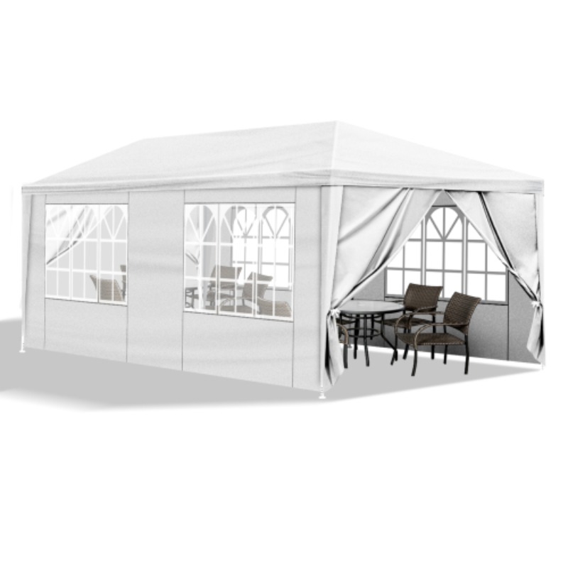 10x20ft White Foldable Party Canopy, 6 With 2 Doors & 4 Windows, Pe Fabric, Powder Coated