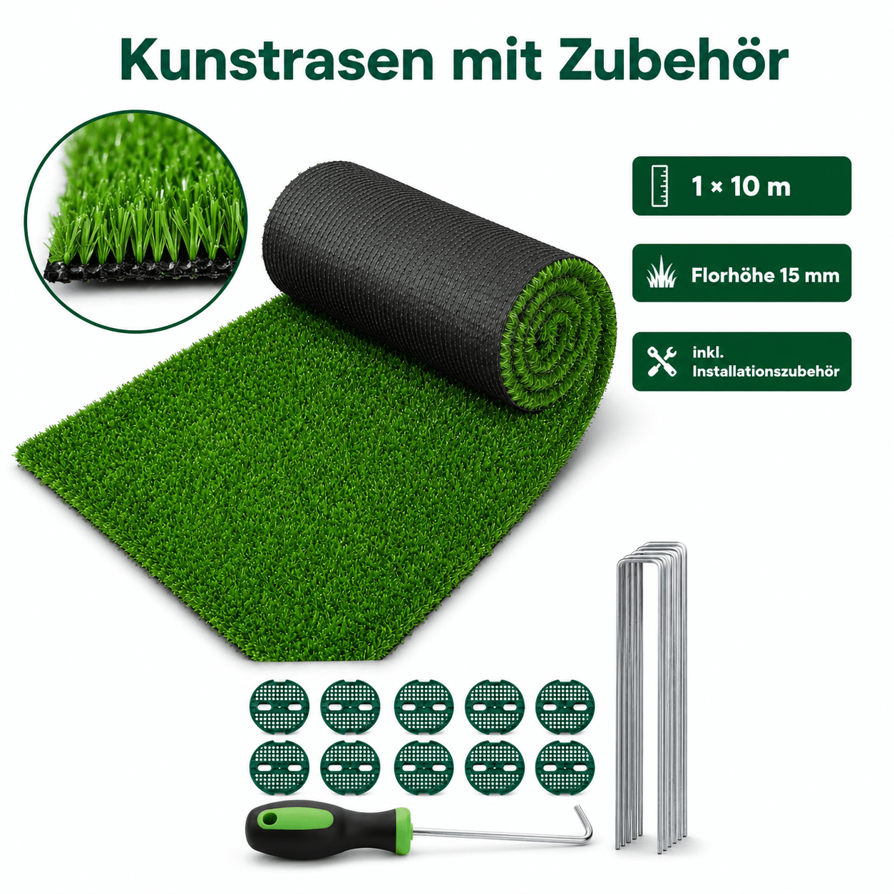 Image of 1m X 10m Artificial Grass Turf Lawn, Indoor Outdoor Synthetic Grass Mat 15mm Pile Height, Backyard Patio Garden Balcony Rug, Rubber Backing/drainage Holes