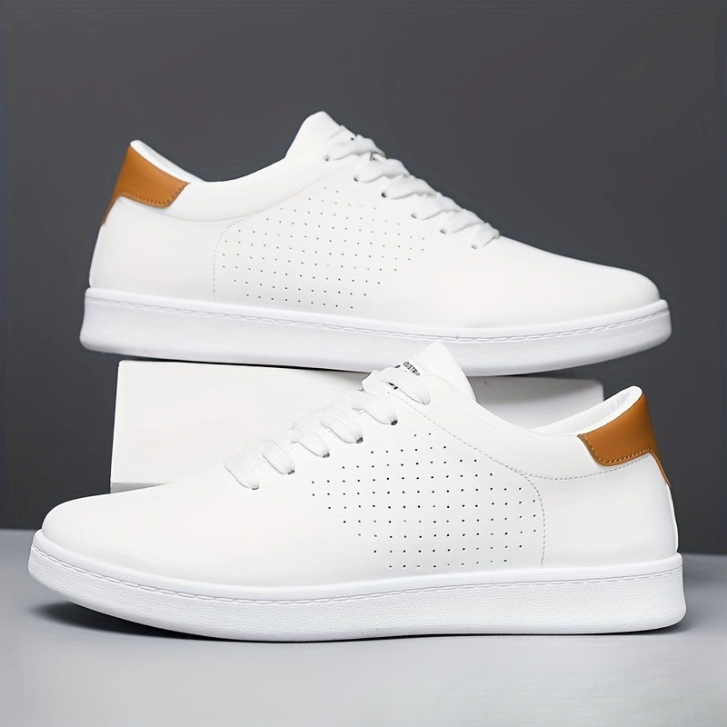 Image of Perforated Lace Up White Walking Trainers Men Outdoor Casual Sneakers Ideal Birthday Holiday Gift