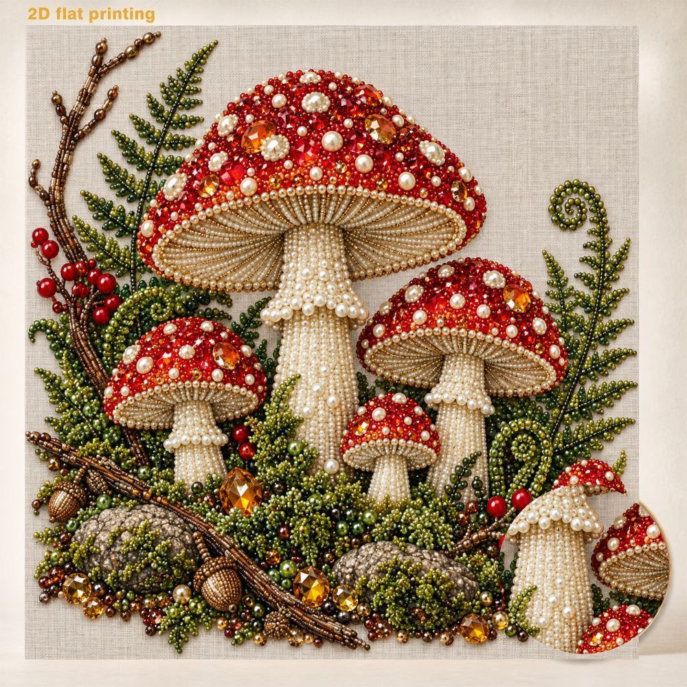TEMU Diy Pearl Art Painting Kit, Diy Handmade Pearl Painting Set, Mushroom Forest Theme Shiny Gemstone Decorative Painting, Frameless 2d Flat Art