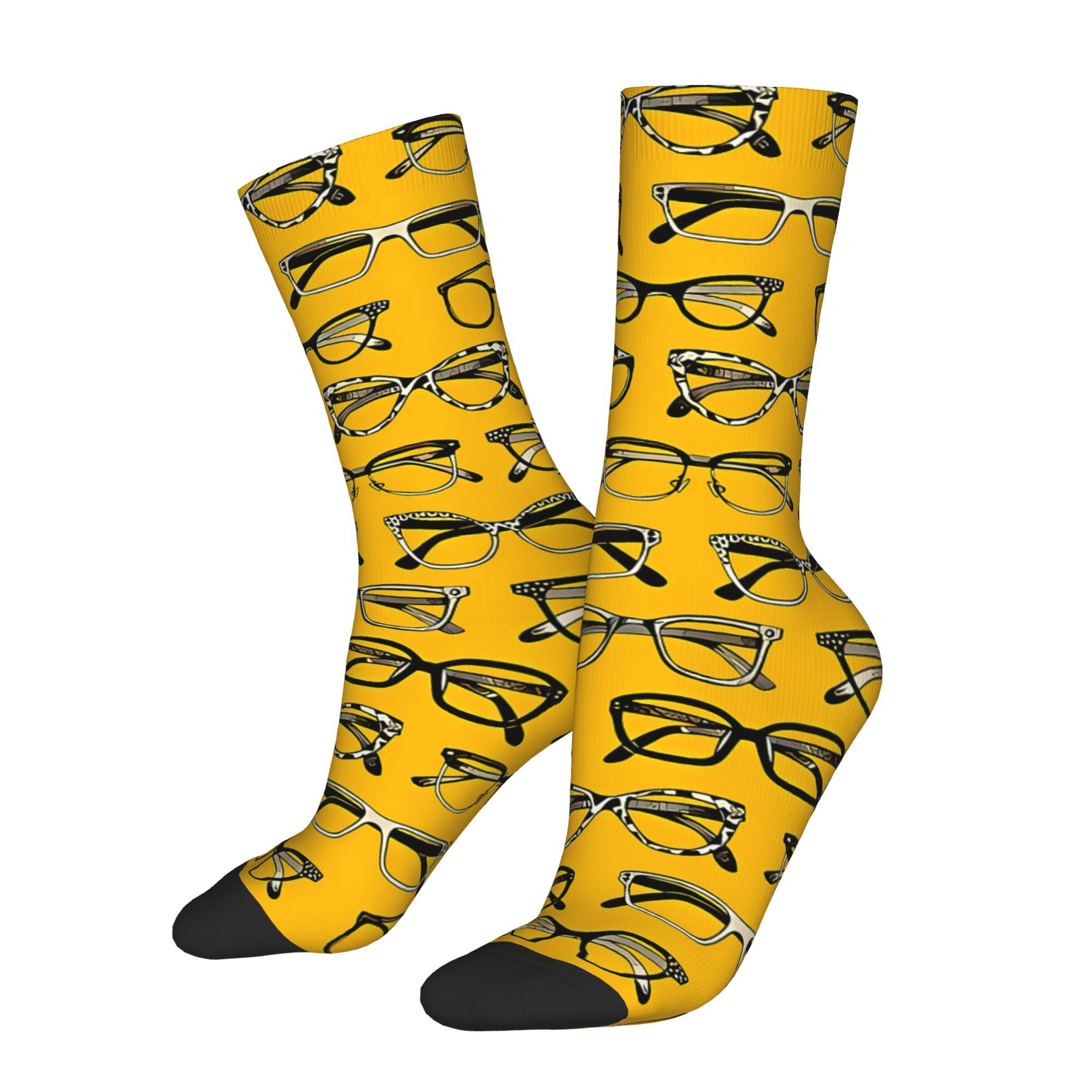 

Men's Polyester Crew Socks With Glasses Print, Knit Fabric, Stretchy 95% Polyester 5% Elastane, With Hand Washable Eyewear Pattern