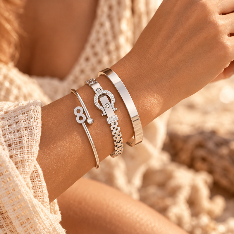 3pc Street Style Metal Bangle Set, Rhinestone & Infinity Design