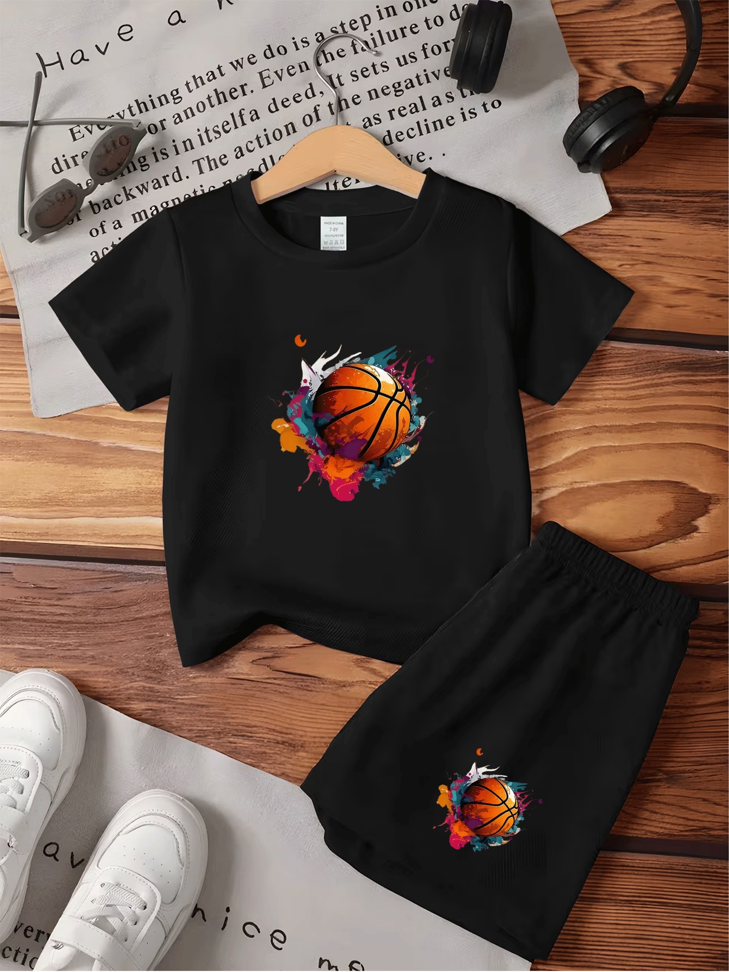 Kinder Basketball Outfit 2-delige Set – Ademend & Snel Drogend Sportshirt met Kort Broekje – Trui voor Jongens en Meisjes 3-15 Jaar (11-12 Jaar, Zwart