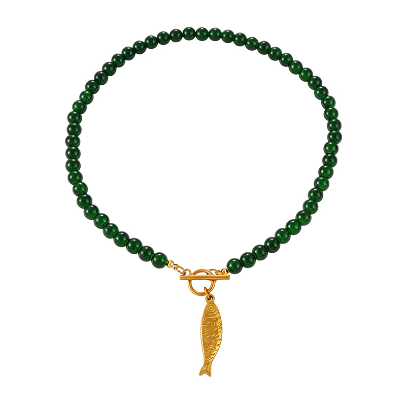 TEMU Collier 1 pièce en acier de titane avec perles de naturelle de petit poisson et fermoir OT, adapté à un port