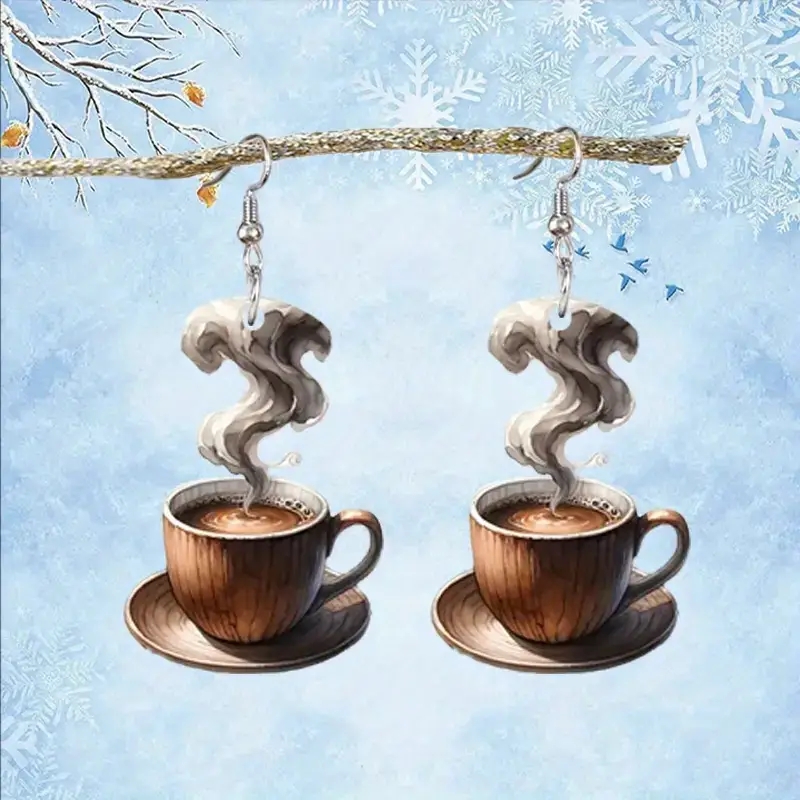 2d Flat, Arabic Coffee Cup Earrings - 2d Acrylic Hoop Earrings Suitable For Valentine' Day Gifts, Arabic-themed Jewelry, Wear For Daily & Special Occasions, For Home And Vacations