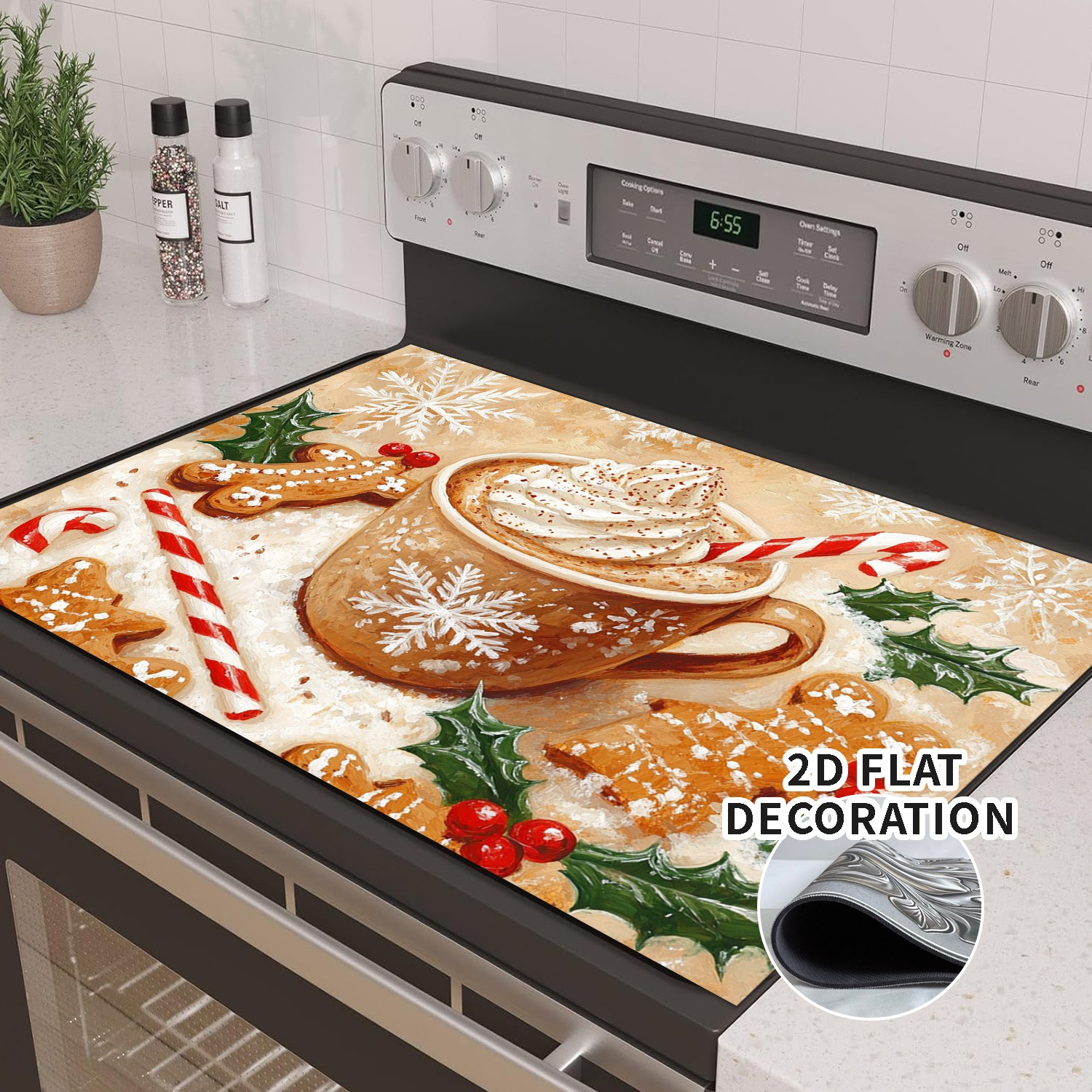 TEMU Cache de garniture de cuisinière de remplacement plat 2D en une pièce - Motif Cupcake, Pain d'épices - Tapis de protection en caoutchouc pour