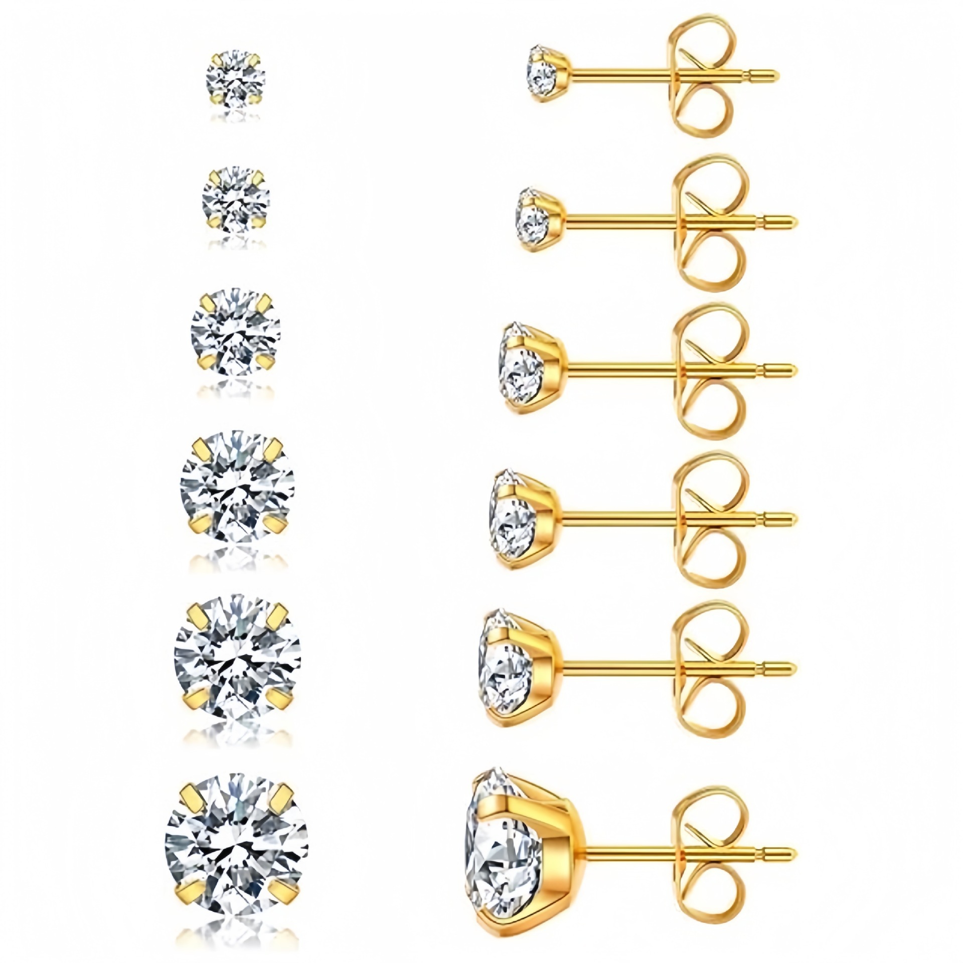 TEMU 316l Stainless Steel Cubic Synthetic Zirconia Stud Earrings Set, 6 Pairs Round Cut Cz Earrings In Golden & , Hypoallergenic Waterproof Fashion