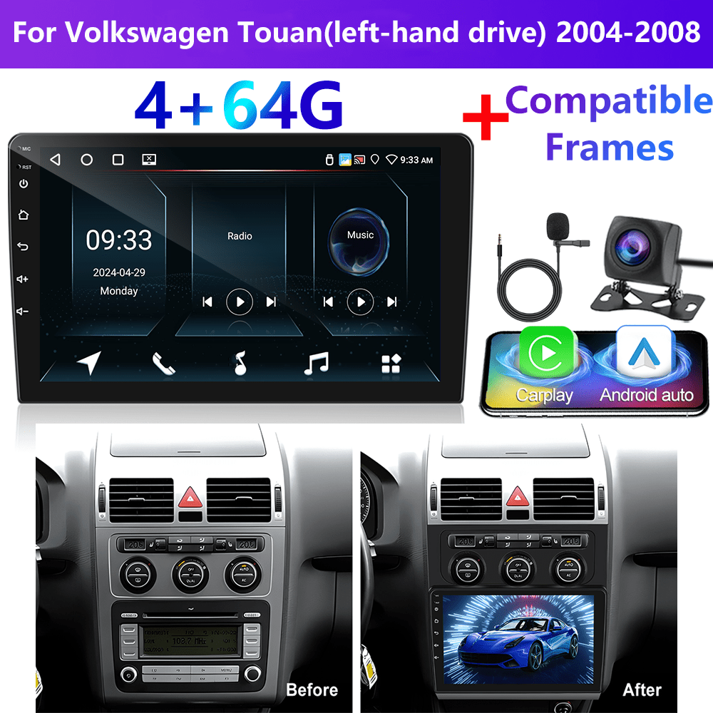 Image of [4+64g] Podofo 15 Car Stereo For Touan(left-hand Drive) 2004-2008 Double Din Radio, 10 Inch 1280p Ips Touch Screen Radio Auto Car Radio Ai Dsp/ Fm/ Rds/ 32eq Wireless Gps Wifi Swc+mic, Ahd Backup Cam