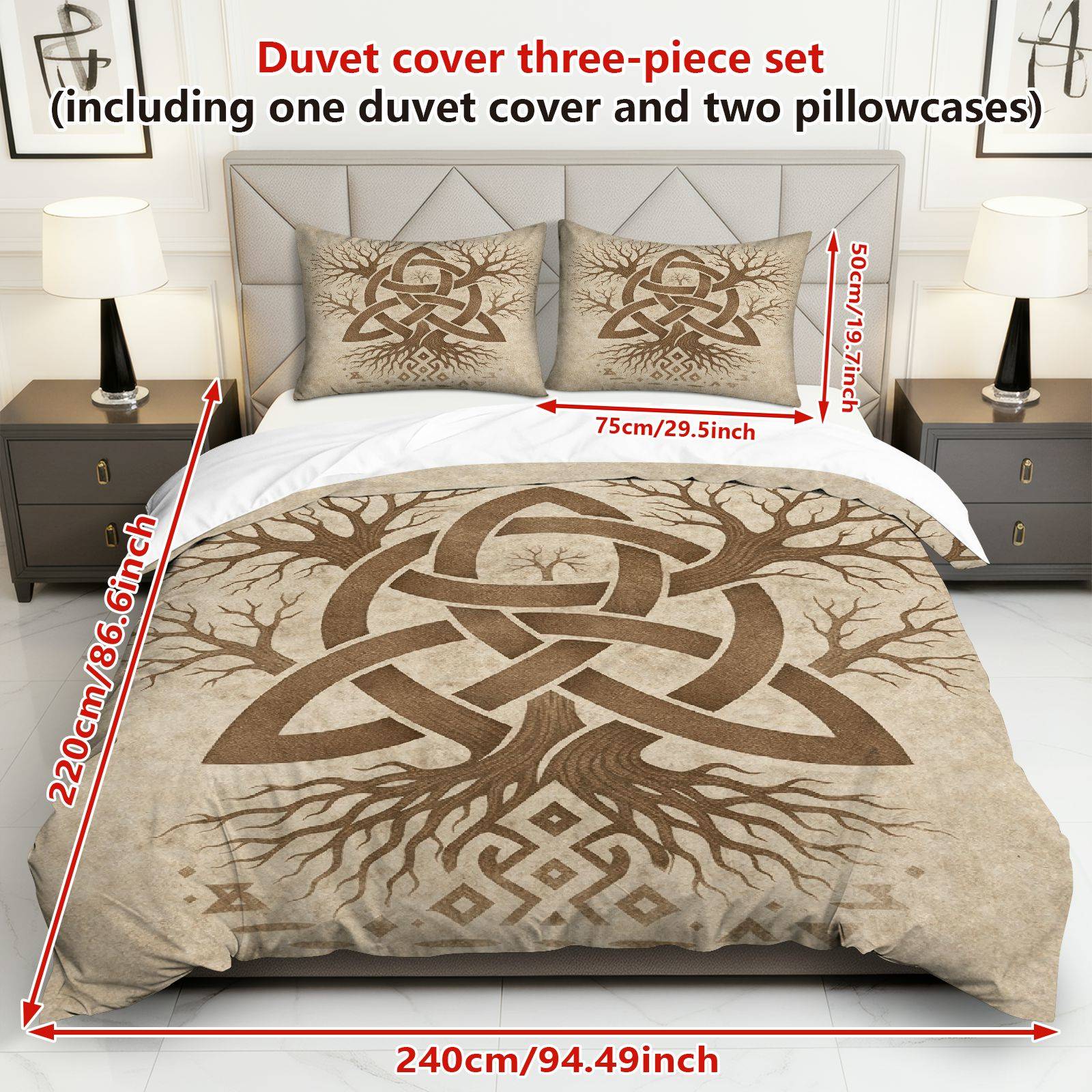TEMU 3 pièces Housse de Couette, 1 Couette + 2 Taies d'Oreiller ( Garnissage), Motif Arbre de Vie Nœud , Literie Halloween, Draps Rustique Bohème