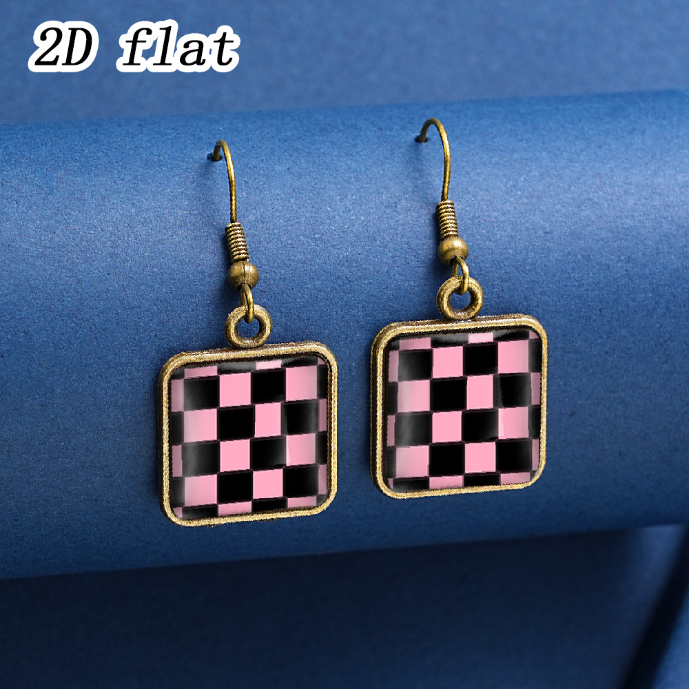 Women's Pink & Black Checkerboard Pattern Earrings, Square Framed