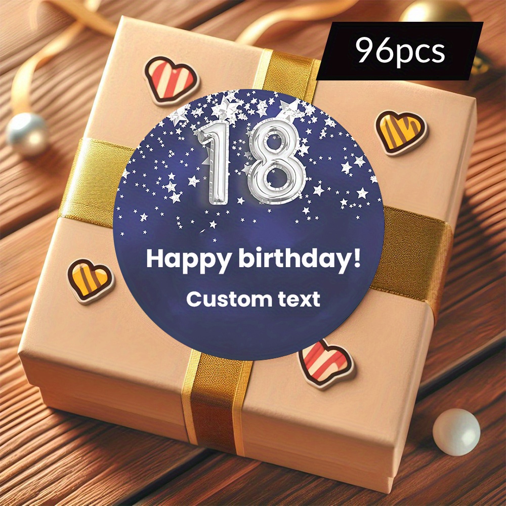 TEMU Custom 48/96pcs "birthday" Stickers, Personalizable With Name, Date, Etc. Navy Background With Silvery Stars And "18" Design, For 18th Birthday