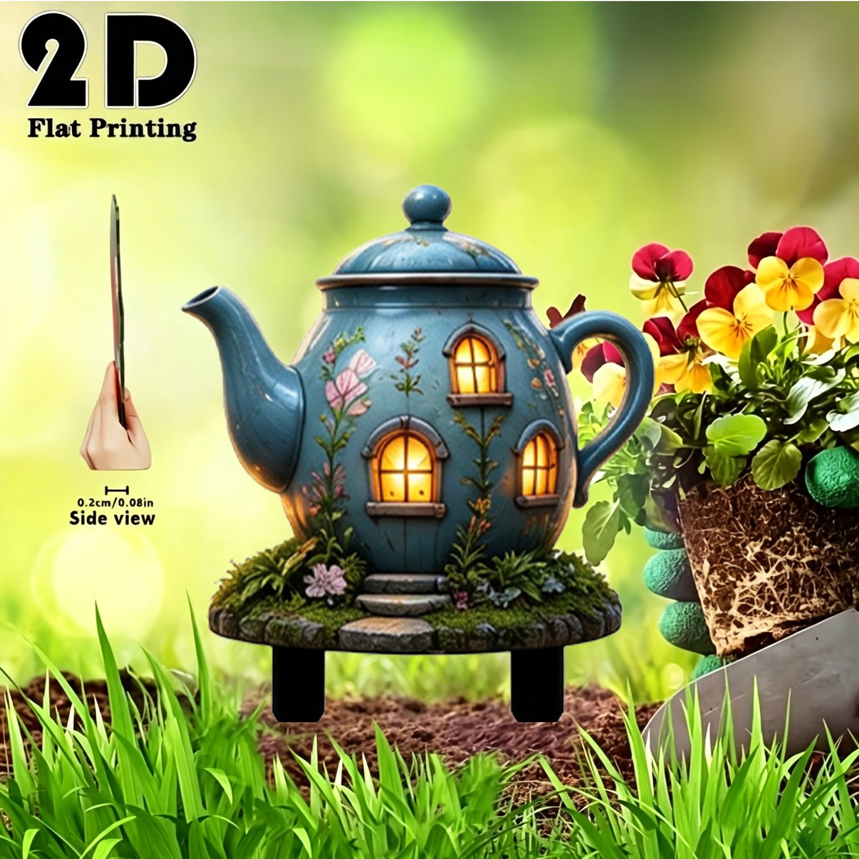 TEMU 2d Flat - 【2d Flat】 2d Flat - [2d Flat] [2d Flat] 1pc Acrylic Teapot-shaped Fairy House, 2d Flat Printing, Blue With Pink Floral Pattern,
