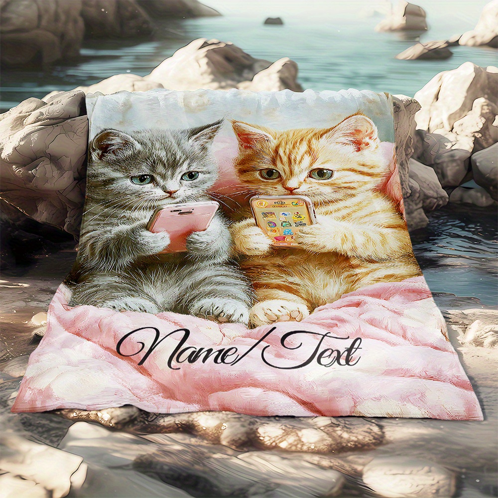 TEMU Personalized Name 2 Adorable Kittens Ultra Soft Lightweight Flannel Blanket - Comfortable Warm Throw For Camping, Travel, Holiday Present For