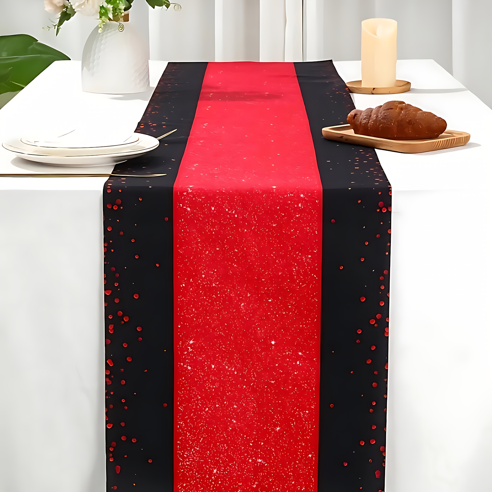 TEMU 1pc Tablecloth - Black And Red Glitter Striped Design, Suitable For Parties, Holidays, Weddings, Birthdays - Durable Machine Washable Decorative