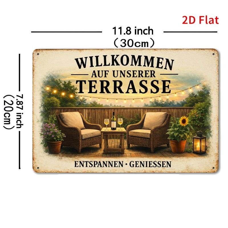 TEMU 2d Flat, [2dflat]1pc 30x20cm- Vintage Terrace Welcome Iron Sign, Retro German Patio Relax Metal Wall Art, Decorative Signs For Garden, Patio,