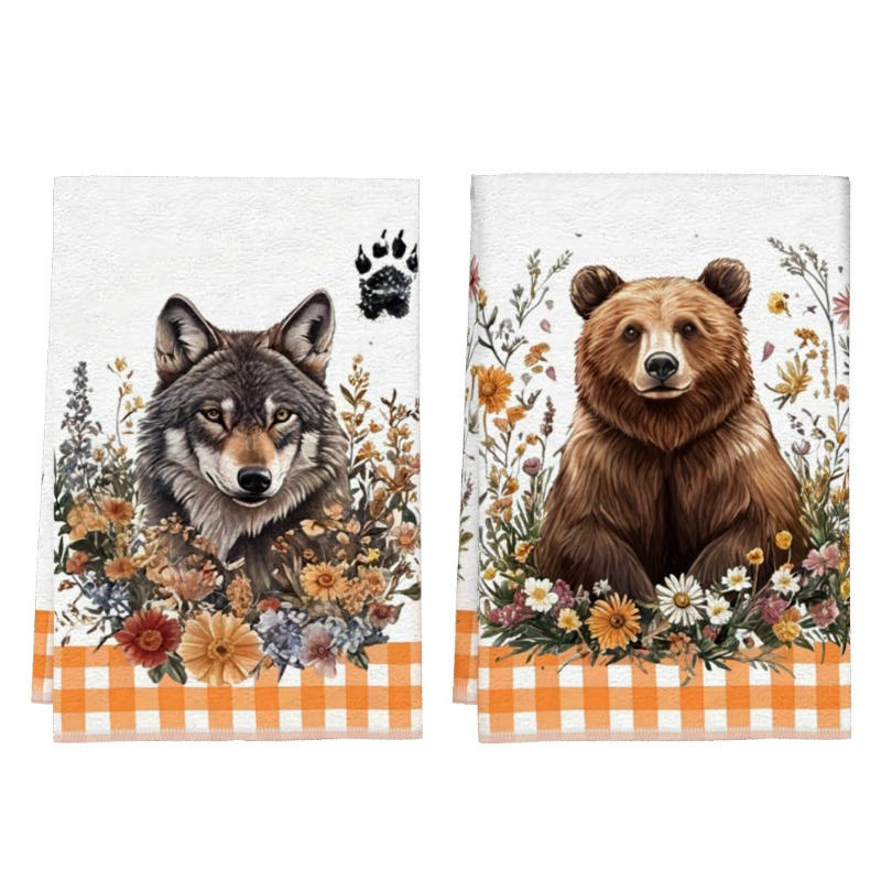 

2pcs Soft & Absorbent Polyester Kitchen Towels, 18x26" - Rustic Wolf & Bear Designs With Floral Accents On Checkered Background, Ideal For Home Decor & Gifting, Dish Towels For Kitchen