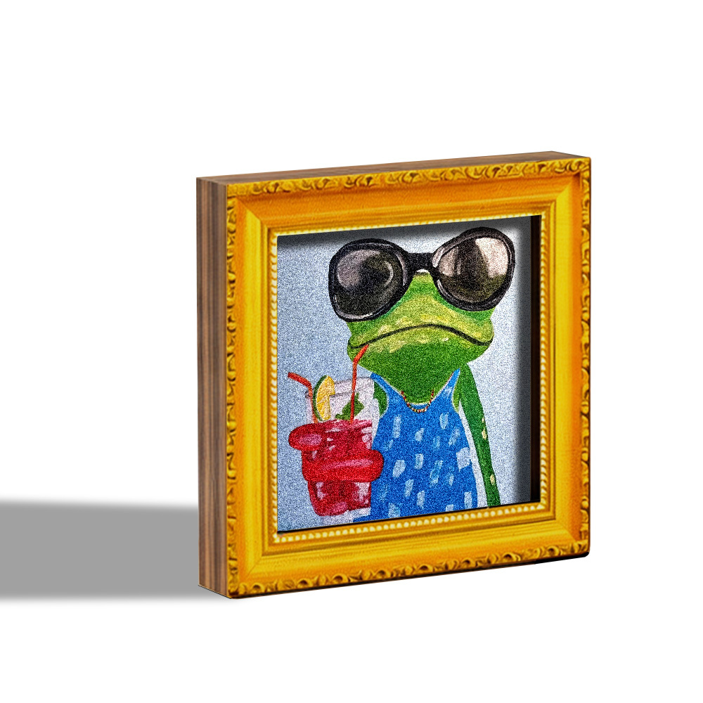 E-shop 1 Trendiger cooller Kühlschrankmagnet, Mini-Dekorationsbild aus Holz, mit Brille und Sommergetränken, im blauen Kleid, Kühlschrankmagnet aus