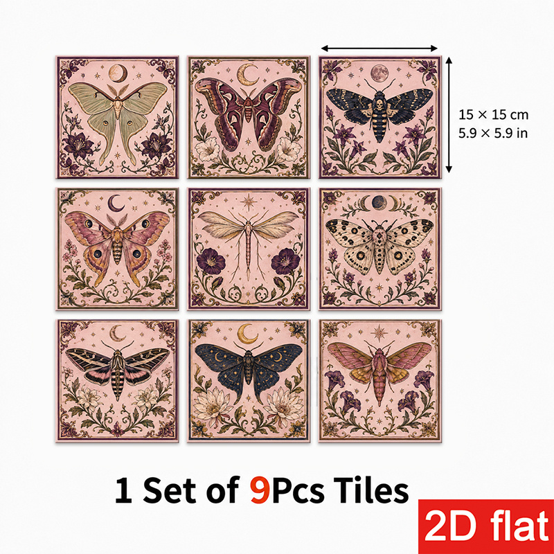 TEMU 2D Flache 9-teilige 15X15Cm (5.9X5.9In) Schieferfliesen Aufkleber Luxuriös | Abziehbare und Klebende Wandfliesen mit Blumen-Schmetterlingsmuster