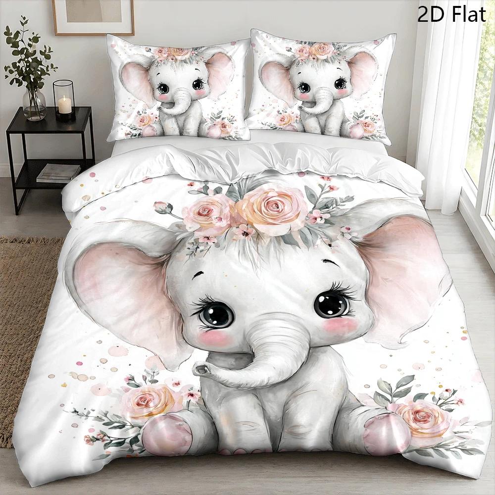TEMU 3pcs Duvet Cover Set, 1 Duvet Cover   2 Pillowcases, No Filler, 2d Flat Printing, Pink Elephant Floral Decorative Painting, , Spring, Cute