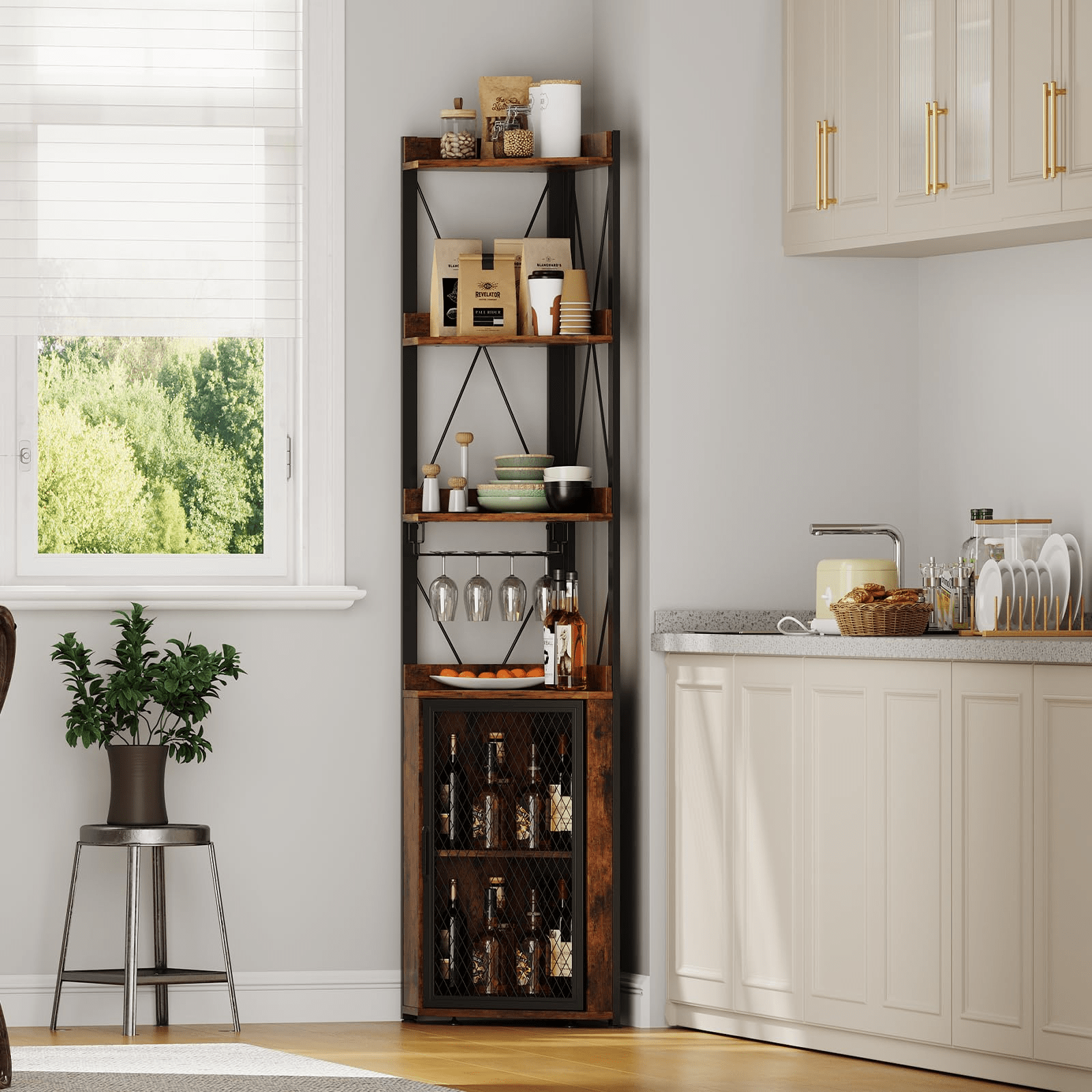 Image of 5-tier Cabinet, 70" Tall Industrial Wine Storage Cabinet With Glass Holder & Adjustable Shelves, Space- Liquor Storage With Mesh Door, Buffet Sideboard For Kitchen, Dining Room, Brown