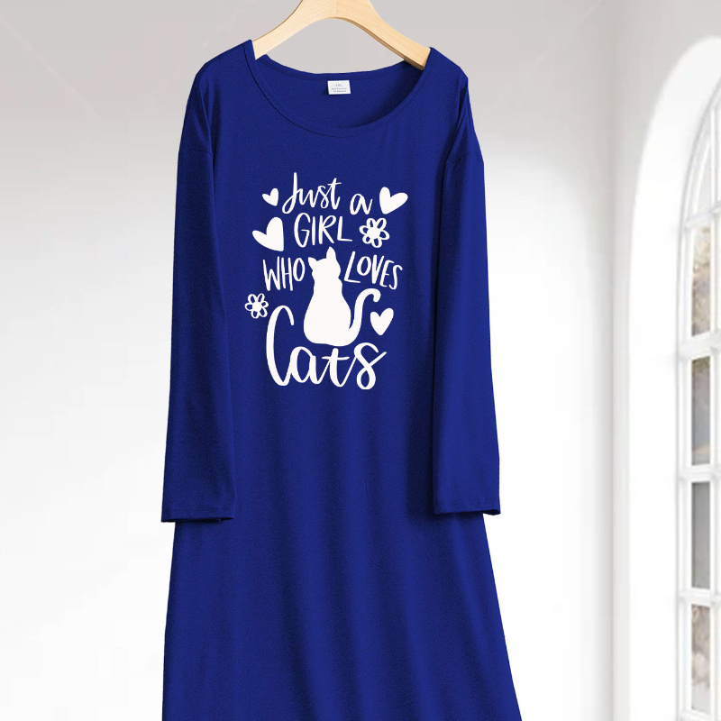 

Cozy Cat Long Nightgown - Women's Casual Sleep Dress With & Letter Print, Soft Polyester , Machine Washable - Fall/winter