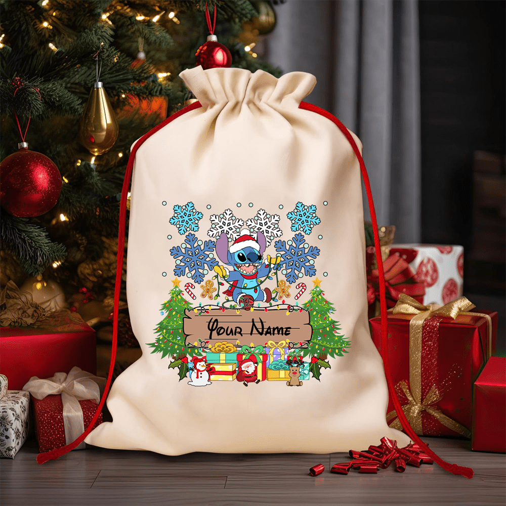 

Custom Disney Stitch Christmas Drawstring Bag - Personalized Name, Cartoon Animal Print, Holiday Gifts & Party Favors