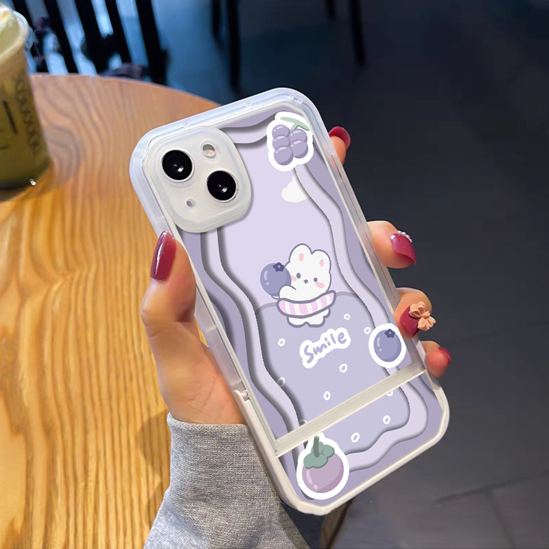 TEMU Phone Case: 2025 New Fashionable Creative Multi-functional Design Shockproof Cartoon Rabbit & Purple Border Pattern Stand Phone Case For Iphone
