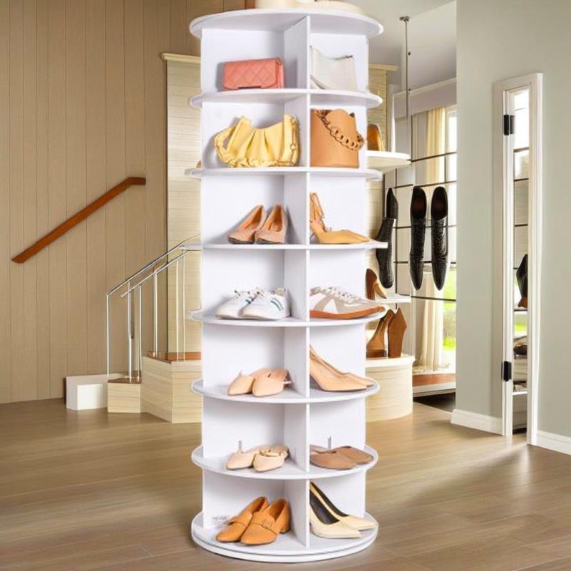 6-tier white wooden shoe rack with 360° rotating storage carousel