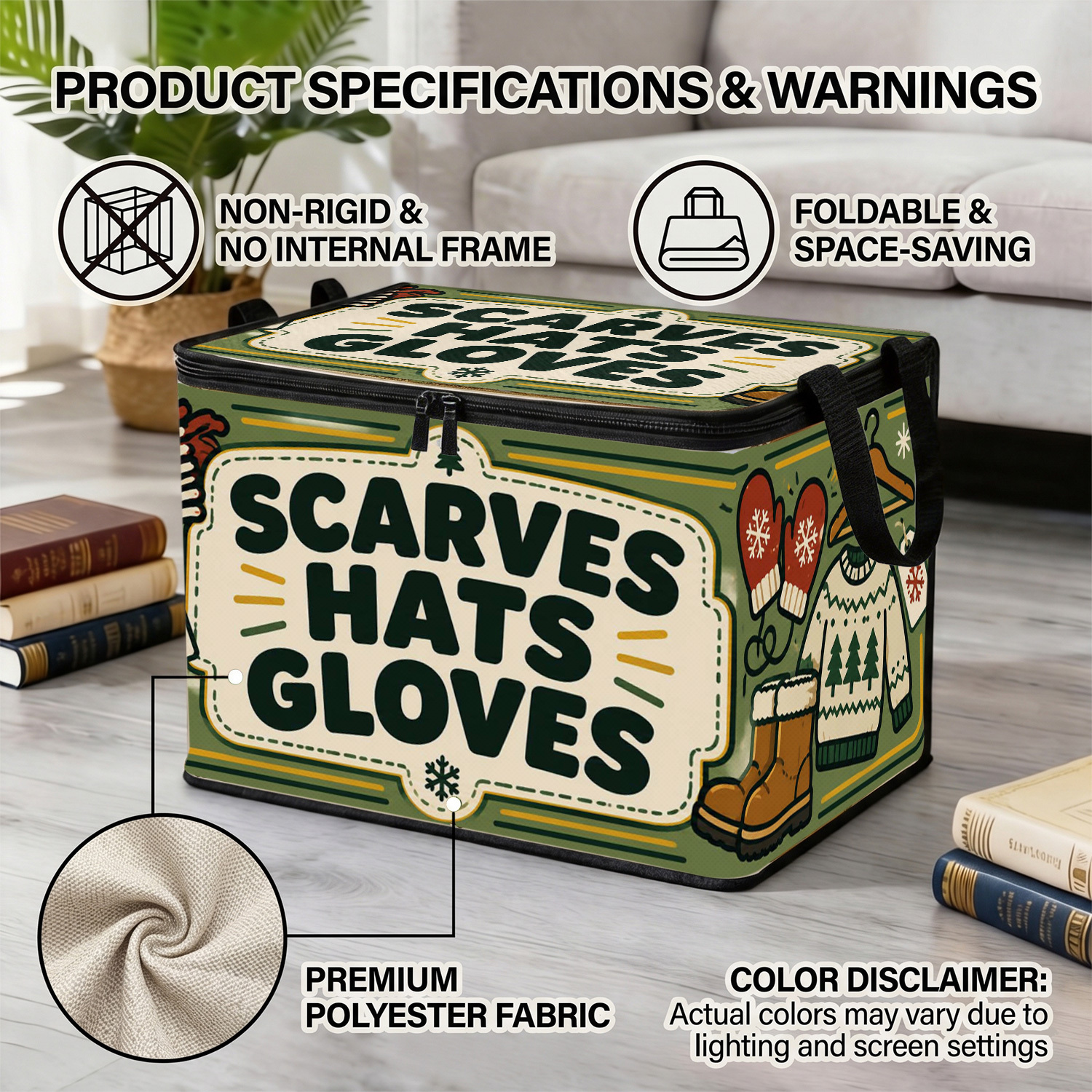 TEMU 2d Flat 1pc - Scarf, Hat, And Gloves Winter Apparel Pattern Storage Box, Large Capacity Under-bed Storage Bin, Foldable Design, Zipper Closure,