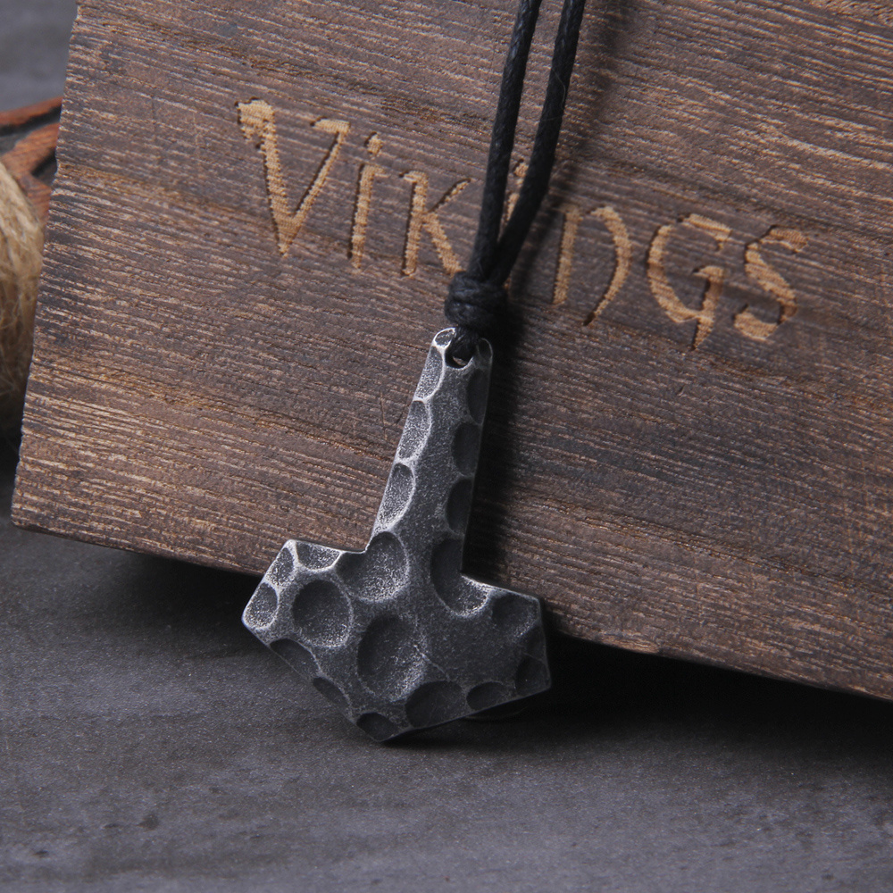 Men's Necklace Featuring A Watch Case, Gray Hammer Design, Mjolnir And Scandinavian Norse