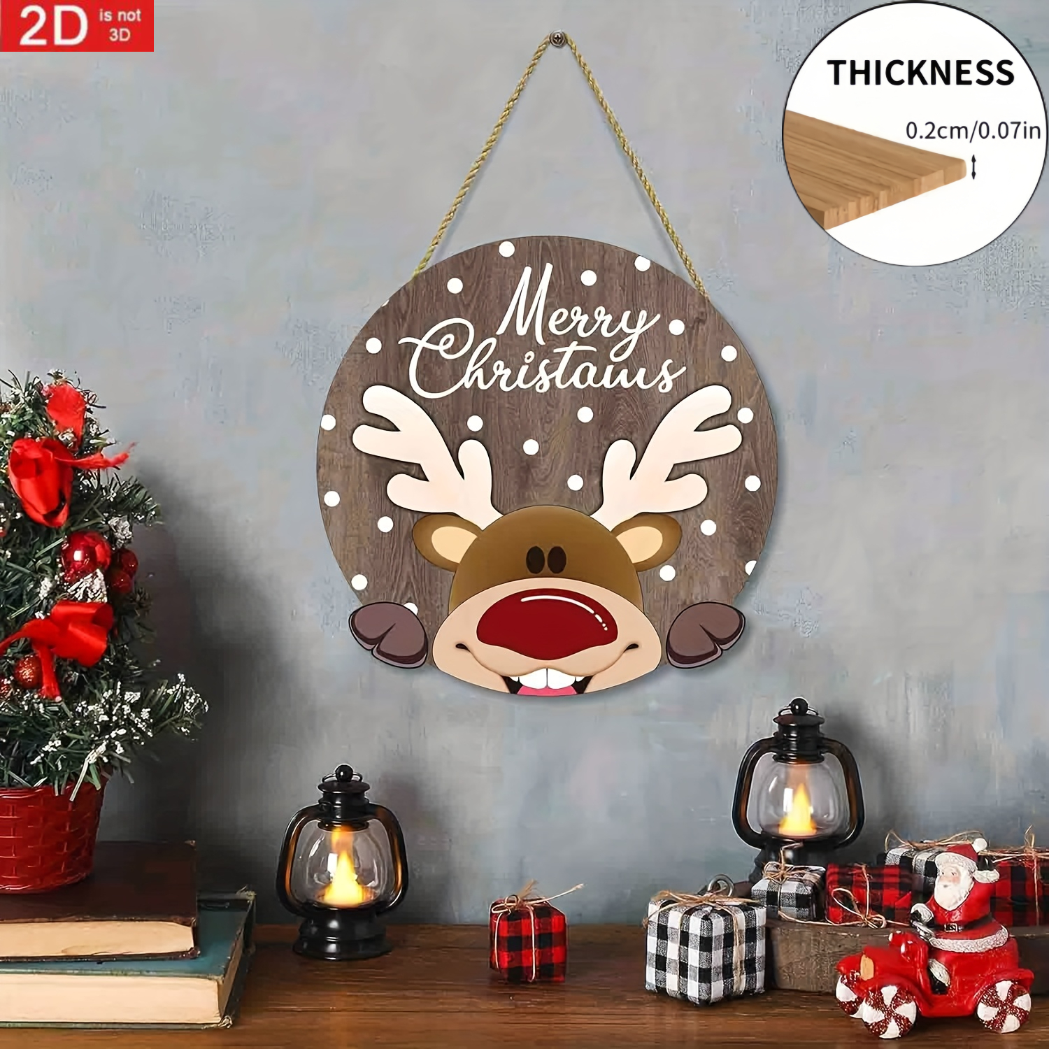 TEMU 2d Flat, 2d Flat Printed 2d Plane, 1pc Merry Christmas Reindeer Wooden Door Hanging Sign, Christmas Holiday Wall Decor Plaque, Cute Elk Welcome